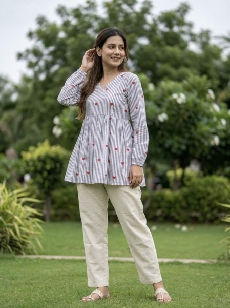 Exceptional Sky Blue Cotton Co Ord Set with Frill Stitch Design at Manufacturer Rate Tunics kurti