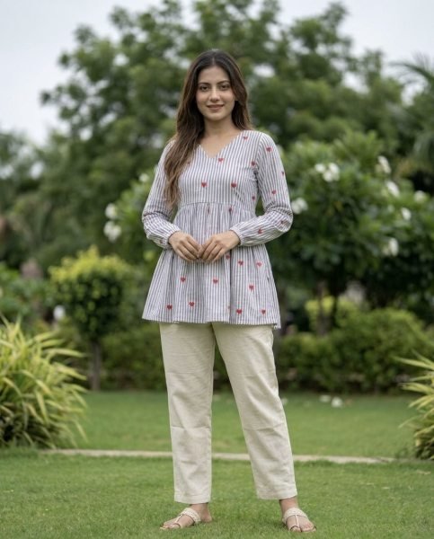 Exceptional Sky Blue Cotton Co Ord Set with Frill Stitch Design at Manufacturer Rate Tunics kurti