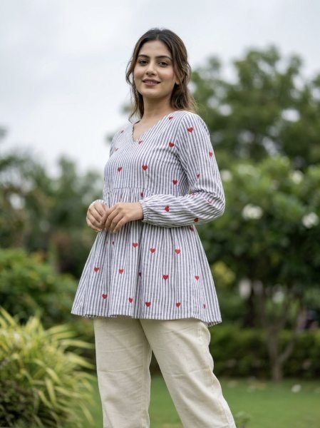 Exceptional Sky Blue Cotton Co Ord Set with Frill Stitch Design at Manufacturer Rate Tunics kurti