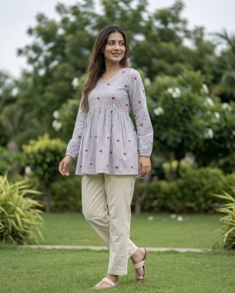 Exceptional Sky Blue Cotton Co Ord Set with Frill Stitch Design at Manufacturer Rate Tunics kurti