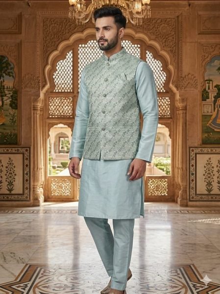 Exceptional Sky Blue Silk Kurta Pyjama with Jacquard Koti for Wedding Wear Men Kurta Pajama Wholesale
