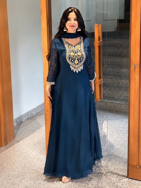 Exceptional Teal Blue Designer Faux Georgette Anarkali Gown Pant Set with Sequence Work 