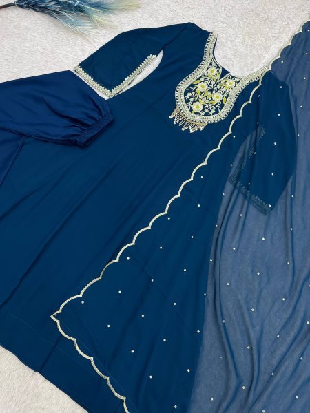 Exceptional Teal Blue Designer Faux Georgette Anarkali Gown Pant Set with Sequence Work Ready To Wear Collection