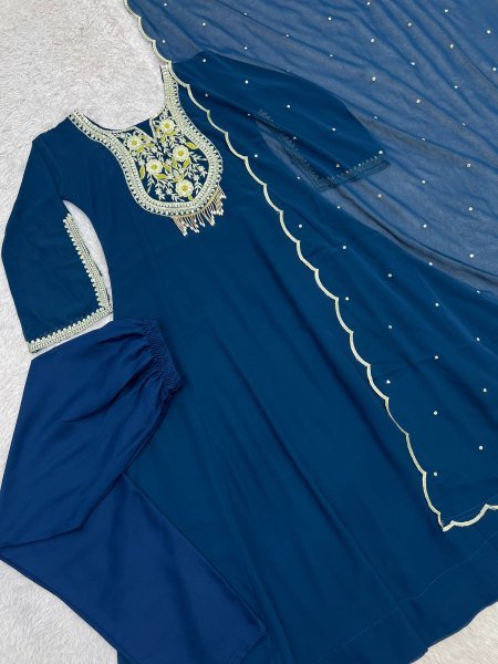 Exceptional Teal Blue Designer Faux Georgette Anarkali Gown Pant Set with Sequence Work Ready To Wear Collection