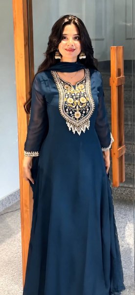 Exceptional Teal Blue Designer Faux Georgette Anarkali Gown Pant Set with Sequence Work Ready To Wear Collection