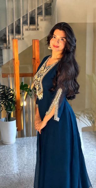 Exceptional Teal Blue Designer Faux Georgette Anarkali Gown Pant Set with Sequence Work Ready To Wear Collection