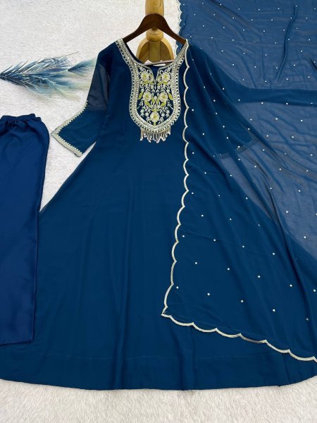 Exceptional Teal Blue Designer Faux Georgette Anarkali Gown Pant Set with Sequence Work Ready To Wear Collection