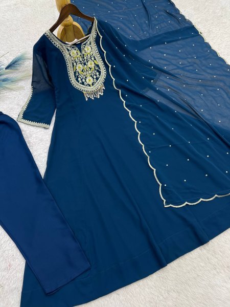 Exceptional Teal Blue Designer Faux Georgette Anarkali Gown Pant Set with Sequence Work Ready To Wear Collection