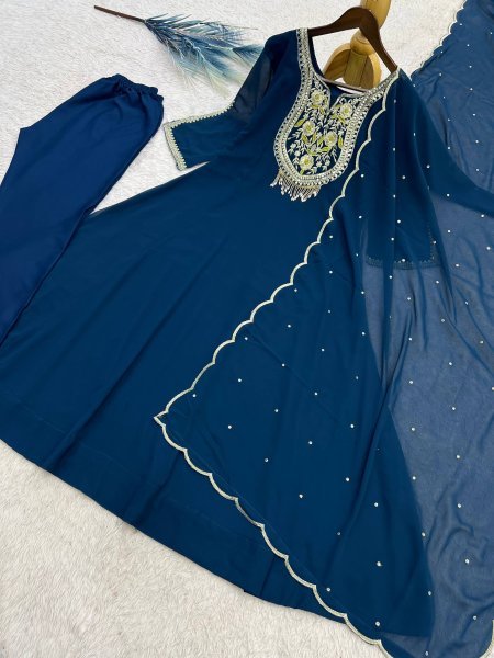 Exceptional Teal Blue Designer Faux Georgette Anarkali Gown Pant Set with Sequence Work Ready To Wear Collection