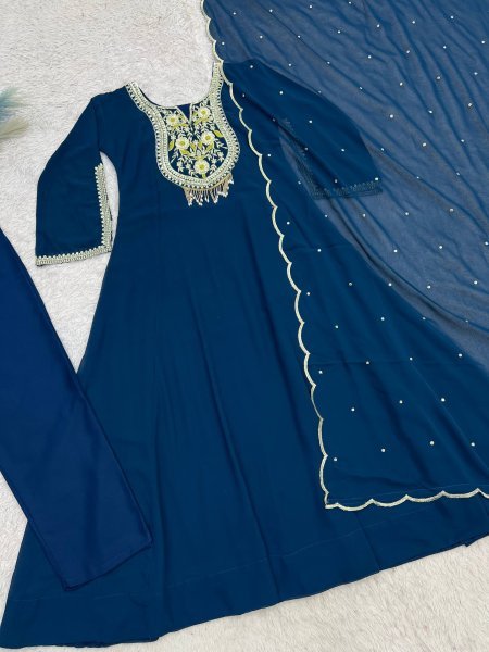 Exceptional Teal Blue Designer Faux Georgette Anarkali Gown Pant Set with Sequence Work Ready To Wear Collection