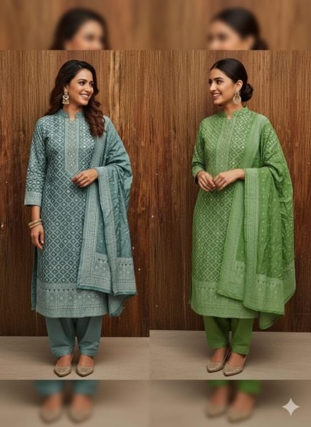 Exceptional Teal Chanderi Maslin Fancy Jacquard Top Pant Dupatta Set at Manufacturer  Color Set Matching Dress Material Wholesale