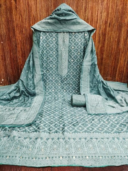 Exceptional Teal Chanderi Maslin Fancy Jacquard Top Pant Dupatta Set at Manufacturer  Color Set Matching Dress Material Wholesale