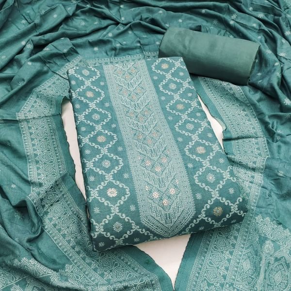Exceptional Teal Chanderi Maslin Fancy Jacquard Top Pant Dupatta Set at Manufacturer  Color Set Matching Dress Material Wholesale