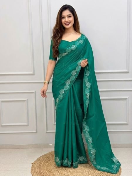 Exceptional Teal Green Party Wear Korean Tusser Saree with Embroidered Blouse at Factory Price 