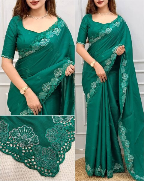 Exceptional Teal Green Party Wear Korean Tusser Saree with Embroidered Blouse at Factory Price Designer Wedding Sarees Wholesale