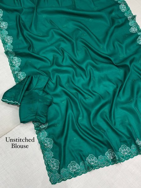 Exceptional Teal Green Party Wear Korean Tusser Saree with Embroidered Blouse at Factory Price Designer Wedding Sarees Wholesale