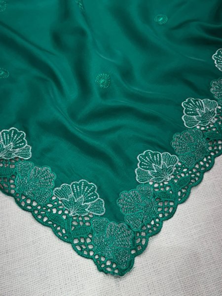 Exceptional Teal Green Party Wear Korean Tusser Saree with Embroidered Blouse at Factory Price Designer Wedding Sarees Wholesale
