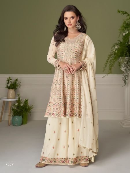 Exceptional WhiteHeavy Embroidered Georgette Top Palazzo Set with Santoon Inner 
