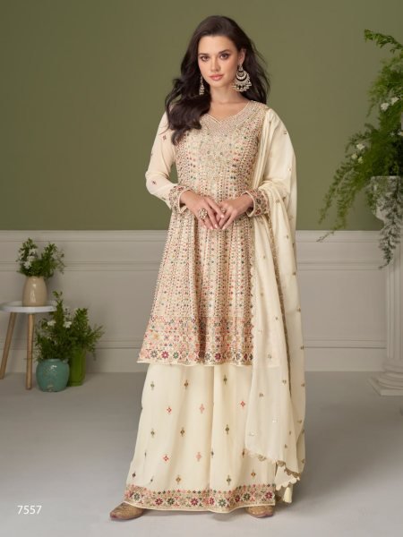 Exceptional WhiteHeavy Embroidered Georgette Top Palazzo Set with Santoon Inner Designer Plazzo Salwar Suits Wholesale