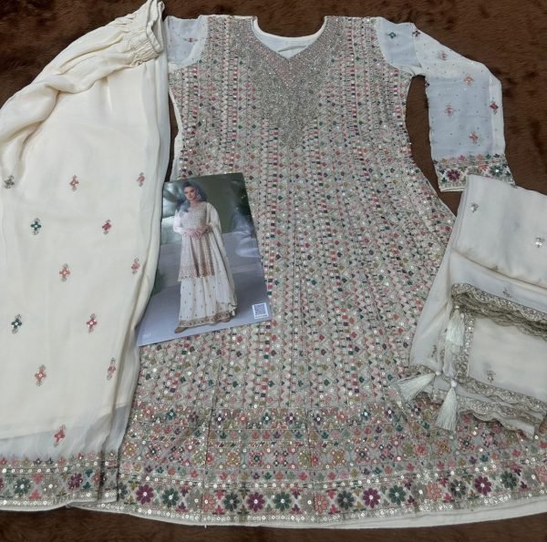 Exceptional WhiteHeavy Embroidered Georgette Top Palazzo Set with Santoon Inner Designer Plazzo Salwar Suits Wholesale