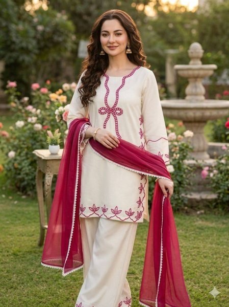 Exceptional White Pakistani-Style Suit Embroidered Work And Matching Magenta Dupatta Ready To Wear Collection