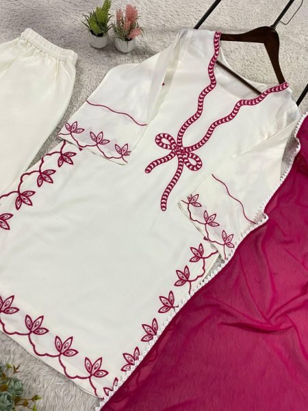 Exceptional White Pakistani-Style Suit Embroidered Work And Matching Magenta Dupatta Ready To Wear Collection