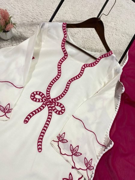Exceptional White Pakistani-Style Suit Embroidered Work And Matching Magenta Dupatta Ready To Wear Collection