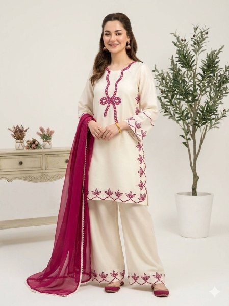 Exceptional White Pakistani-Style Suit Embroidered Work And Matching Magenta Dupatta Ready To Wear Collection
