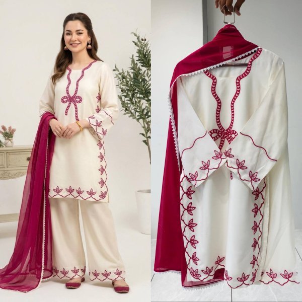 Exceptional White Pakistani-Style Suit Embroidered Work And Matching Magenta Dupatta Ready To Wear Collection