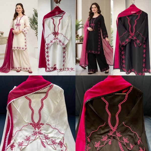 Exceptional White Pakistani-Style Suit Embroidered Work And Matching Magenta Dupatta Ready To Wear Collection