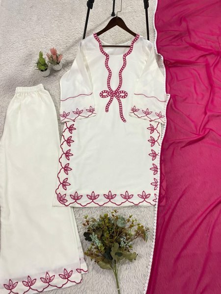 Exceptional White Pakistani-Style Suit Embroidered Work And Matching Magenta Dupatta Ready To Wear Collection