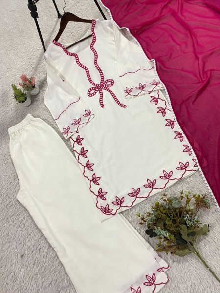Exceptional White Pakistani-Style Suit Embroidered Work And Matching Magenta Dupatta Ready To Wear Collection
