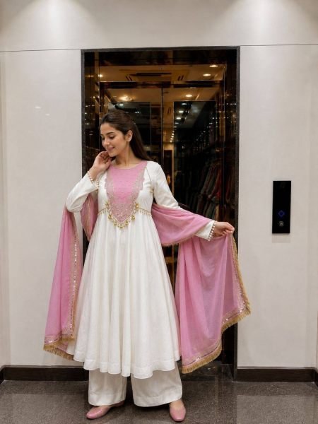 Exceptional White Pink Heavy Roman Glass Silk Anarkali Suit with Sequin and Zari Work 