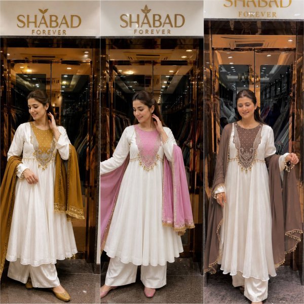 Exceptional White Pink Heavy Roman Glass Silk Anarkali Suit with Sequin and Zari Work Ready To Wear Collection
