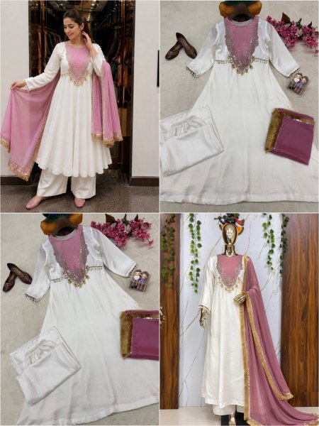 Exceptional White Pink Heavy Roman Glass Silk Anarkali Suit with Sequin and Zari Work Ready To Wear Collection