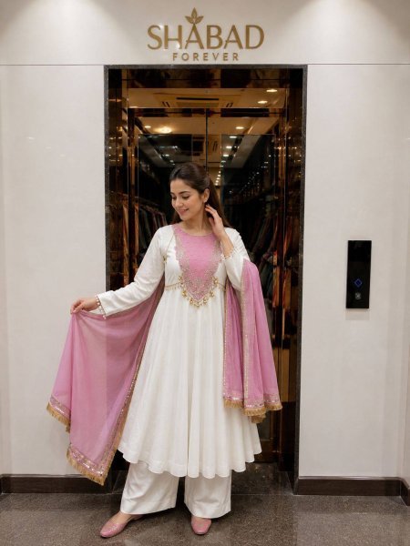 Exceptional White Pink Heavy Roman Glass Silk Anarkali Suit with Sequin and Zari Work Ready To Wear Collection