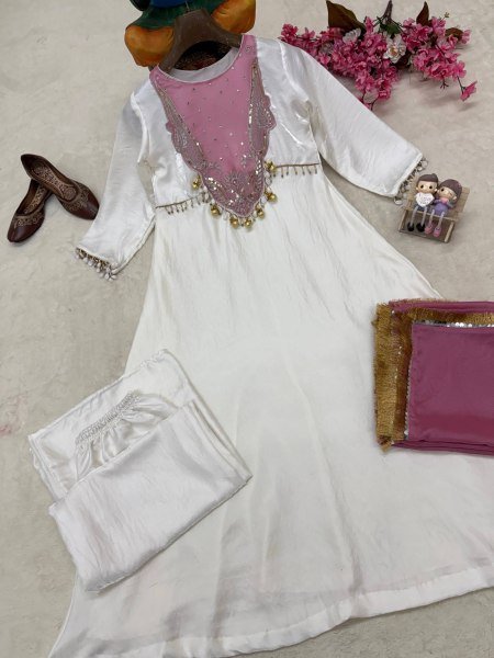 Exceptional White Pink Heavy Roman Glass Silk Anarkali Suit with Sequin and Zari Work Ready To Wear Collection