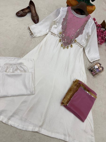 Exceptional White Pink Heavy Roman Glass Silk Anarkali Suit with Sequin and Zari Work Ready To Wear Collection