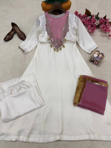 Exceptional White Pink Heavy Roman Glass Silk Anarkali Suit with Sequin and Zari Work Ready To Wear Collection