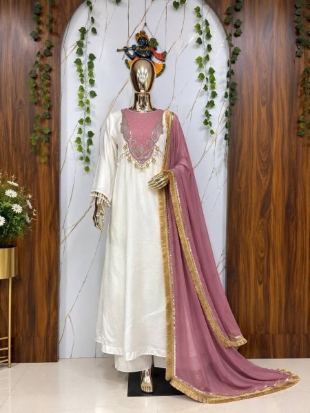 Exceptional White Pink Heavy Roman Glass Silk Anarkali Suit with Sequin and Zari Work Ready To Wear Collection