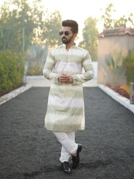 Exceptional White Pista  Embroidered Cotton Kurta for Men with Shading Print Design Mens Wear