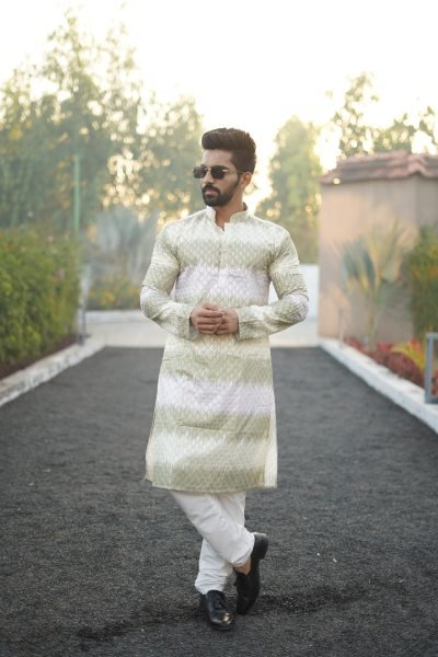 Exceptional White Pista  Embroidered Cotton Kurta for Men with Shading Print Design Kurta Pajama Wholesale