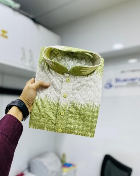 Exceptional White Pista  Embroidered Cotton Kurta for Men with Shading Print Design Kurta Pajama Wholesale