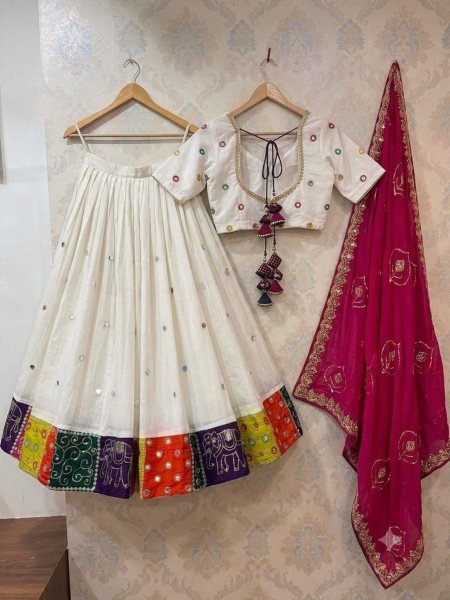 Exceptional White Roman Silk Lehenga Choli with Aari Mirror and Sequins Work 