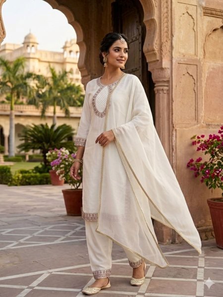 Exceptional White Roman Silk Suit Set with Heavy Embroidery Sequence Work 
