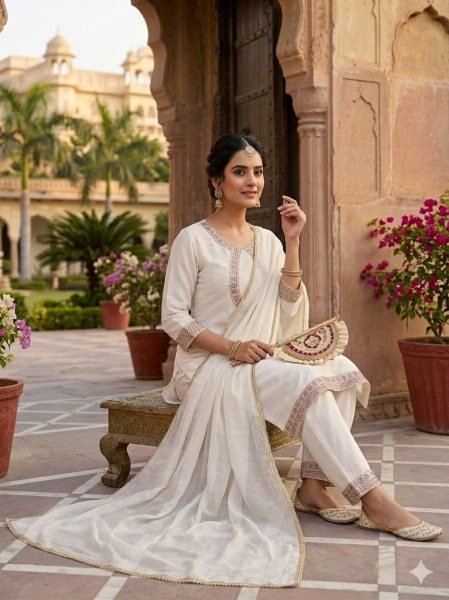 Exceptional White Roman Silk Suit Set with Heavy Embroidery Sequence Work Ready To Wear Collection