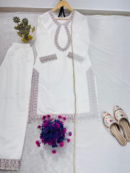 Exceptional White Roman Silk Suit Set with Heavy Embroidery Sequence Work Ready To Wear Collection
