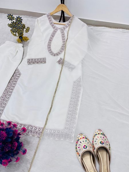 Exceptional White Roman Silk Suit Set with Heavy Embroidery Sequence Work Ready To Wear Collection