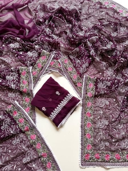 Exceptional Wine Designer Soft Georgette Saree with Chikankari Embroidery Work at Manufacturer  Sarees 