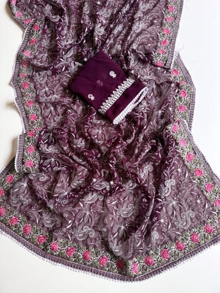 Exceptional Wine Designer Soft Georgette Saree with Chikankari Embroidery Work at Manufacturer  Georgette Sarees Wholesale